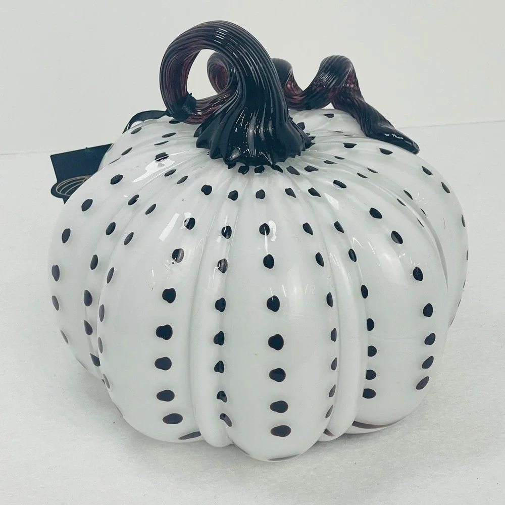 Christian Siriano New York Glass Pumpkin Decor White Black Polka Dot Purple Stem